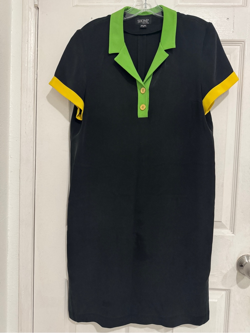 Black 100% Silk Shift Dress with Lime Collar and Yellow Sleeve Trim Size 10